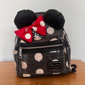 Loungefly Kids Black Sequin Polka Dot Minnie Ear Backpack with Red Bow